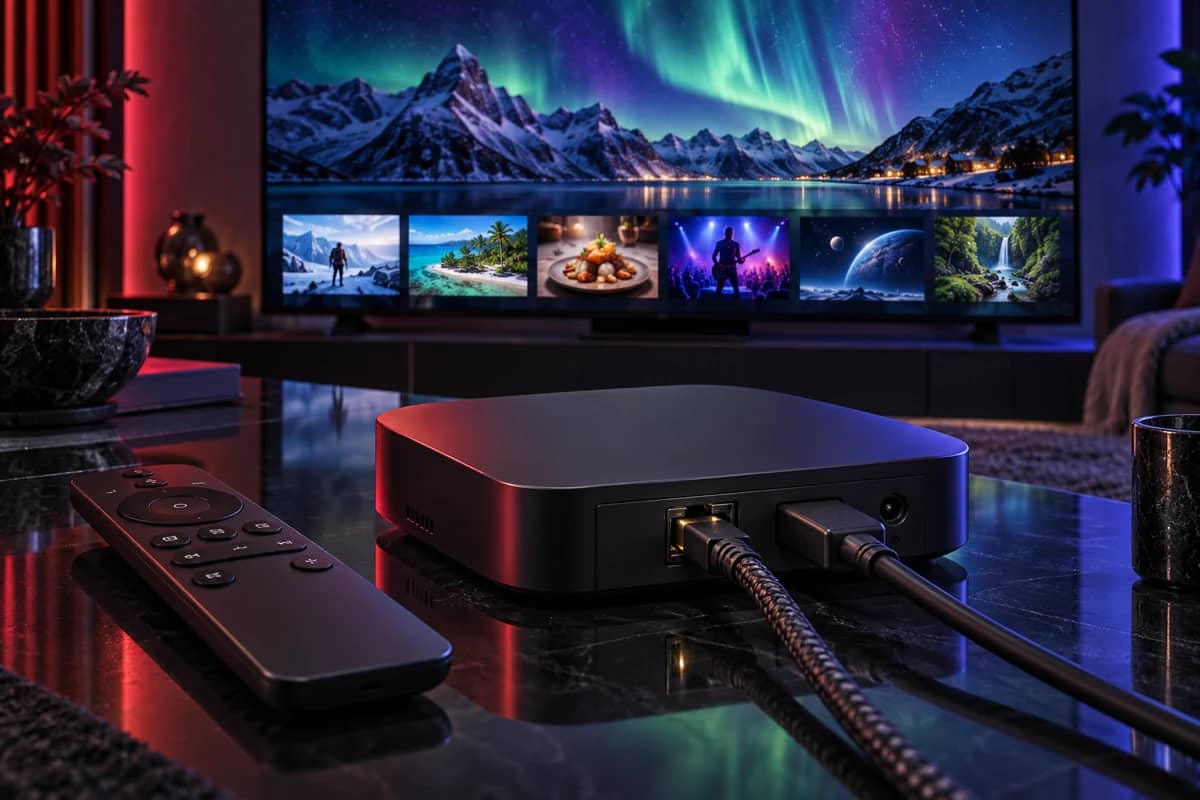Android TV box connected by cable, with its remote on a table