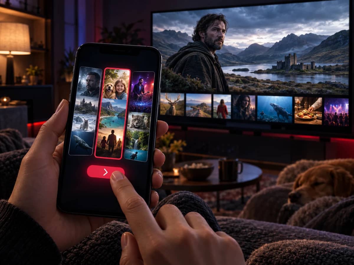 Selecting an IPTV subscription plan on a phone in front of the TV