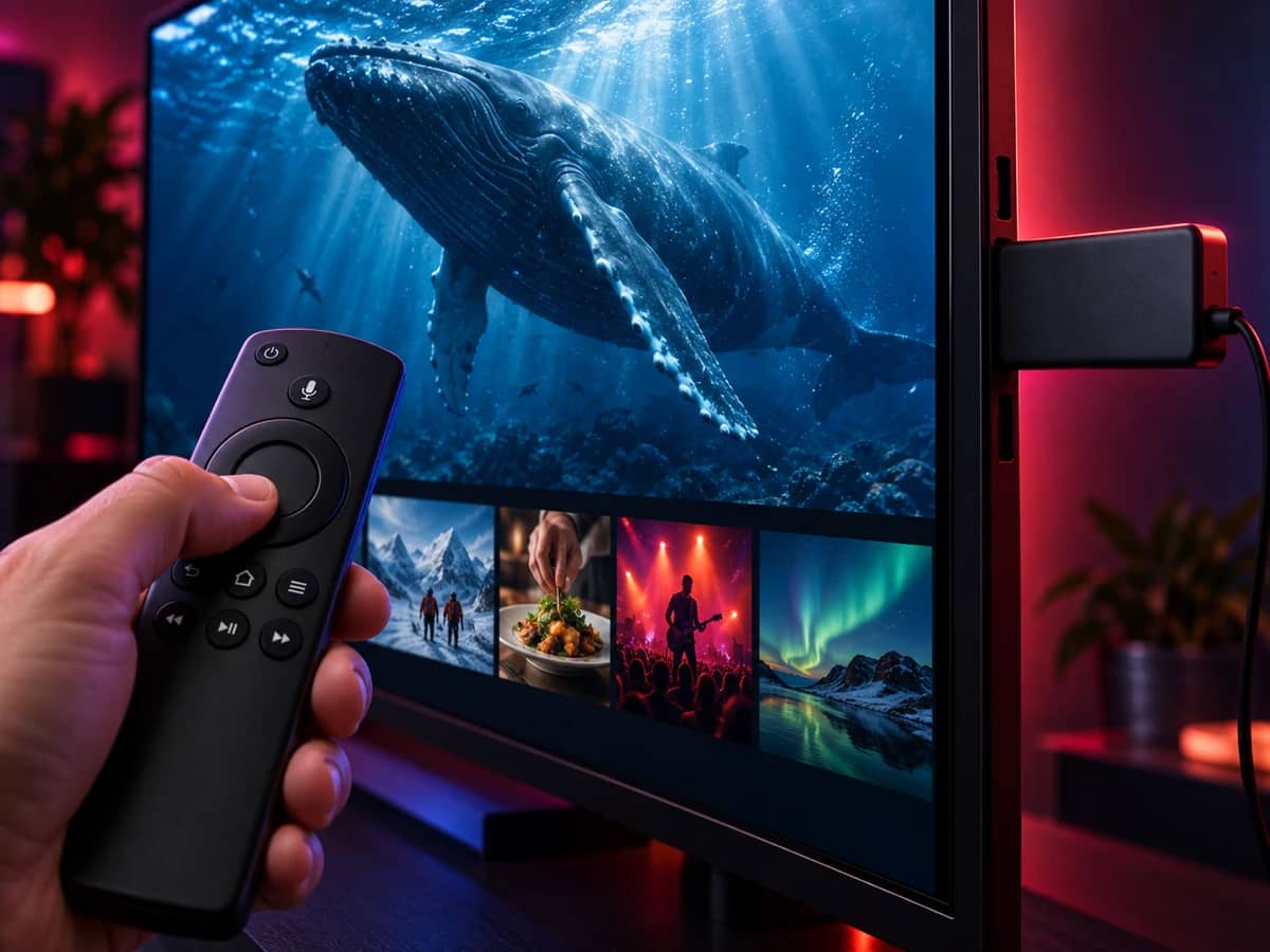 Hand holding a Fire TV remote with a streaming stick plugged into the TV
