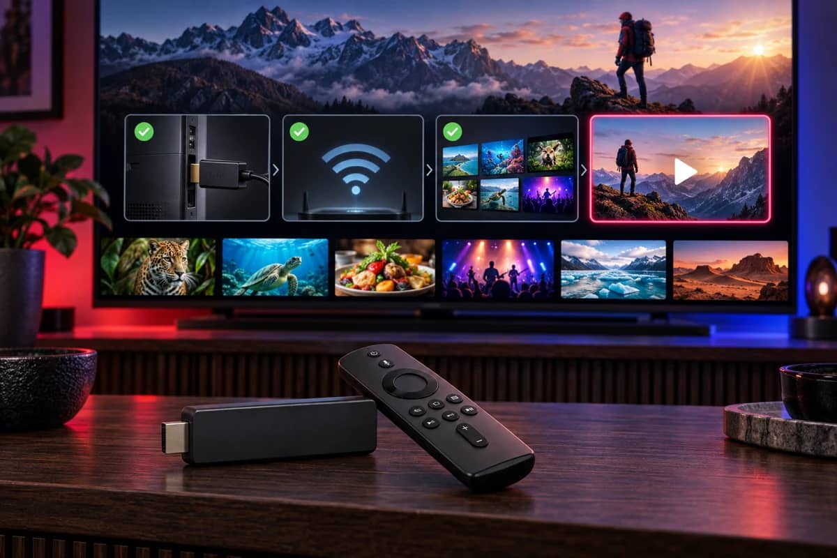 Fire TV Stick and remote on a table with setup steps on the TV