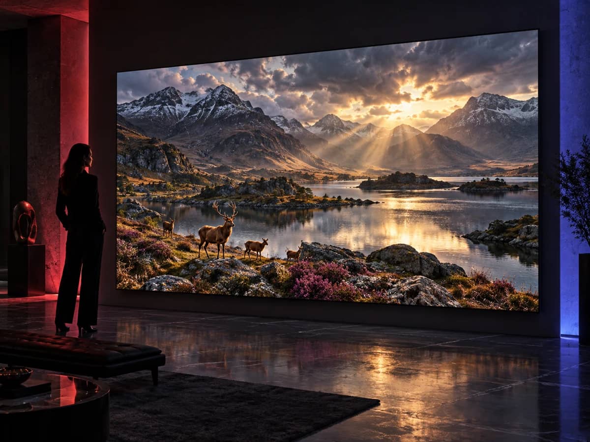 Highly detailed mountain landscape on a very large 8K screen