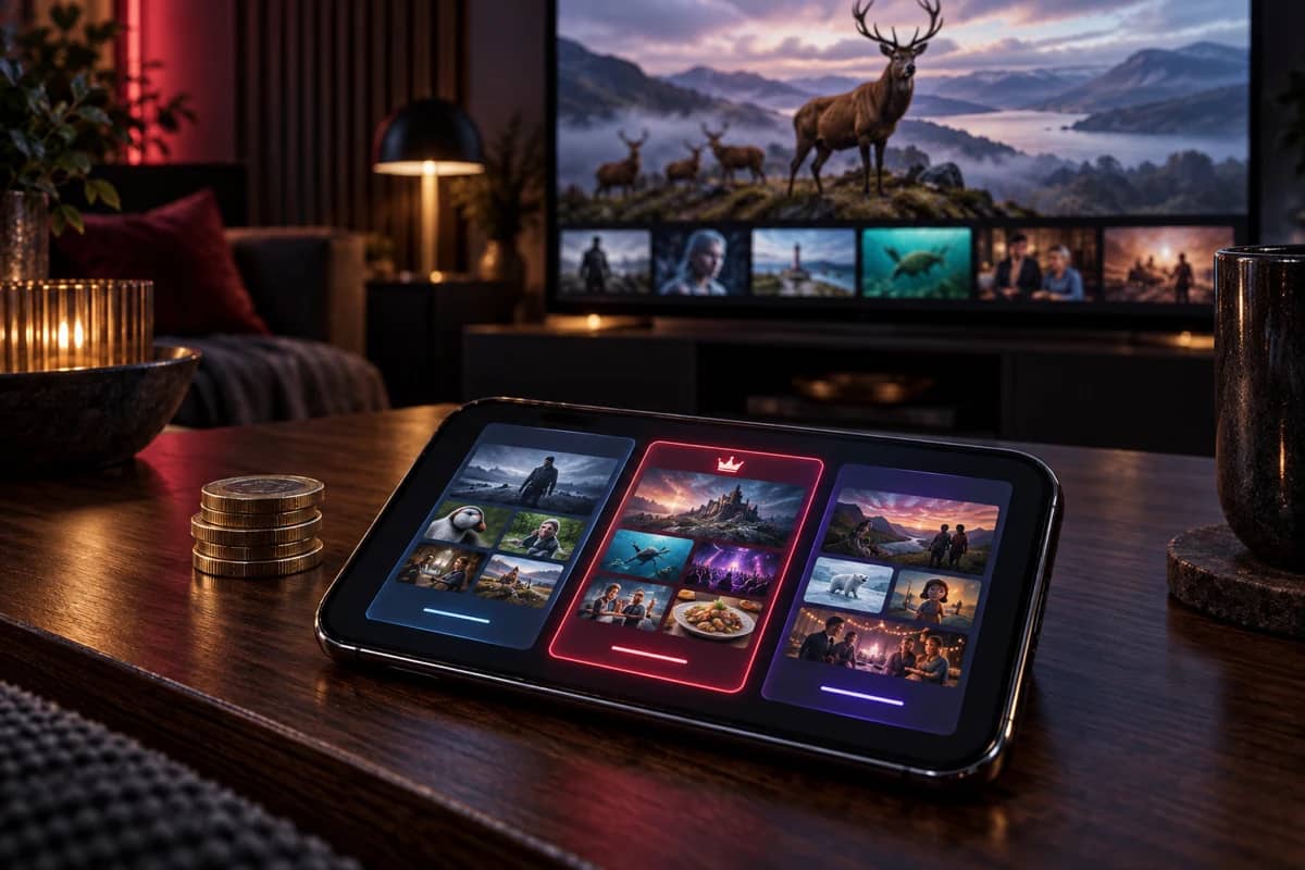 Tablet on a coffee table showing three subscription plan options