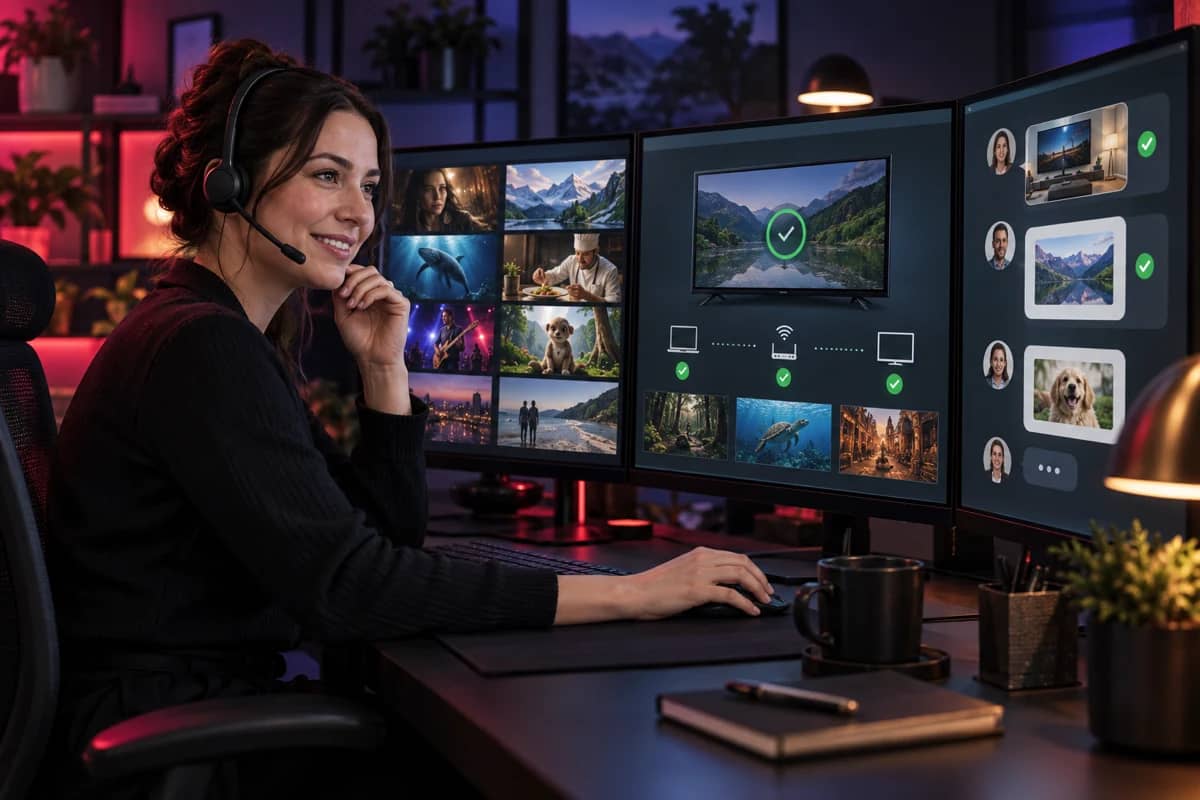 Support agent with a headset helping a customer set up their TV service