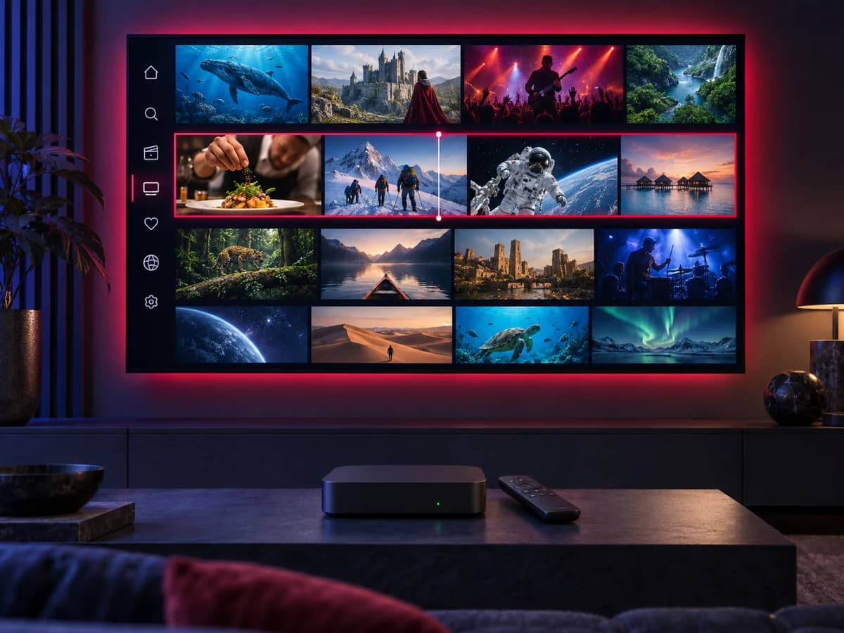 Android TV box under a TV showing a grid of channels and films
