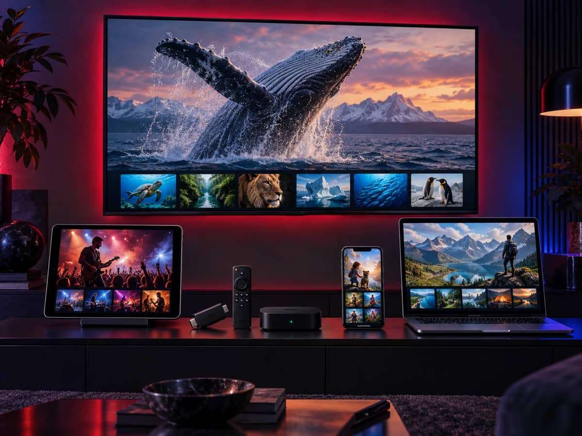IPTV streaming on a TV, tablet, phone and laptop in one living room